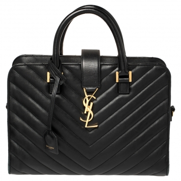 Pre Owned Saint Laurent Black Matelassé Leather Small Monogram Cabas Tote