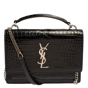 Pre Owned Saint Laurent Black Croc Embossed Leather Small Sunset Shoulder Bag
