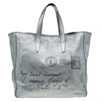 Pre Owned Saint Laurent Paris Metallic Silver Leather Y-Mail Shopper Tote 