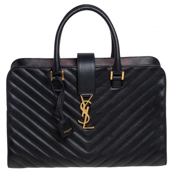 Pre Owned Saint Laurent Black Matelassé Leather Medium Monogram Cabas Tote
