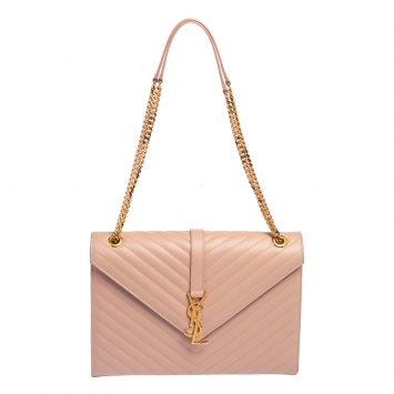 Pre Owned Saint Laurent Powder Pink Matelassé Leather Large Monogram Envelope Shoulder Bag