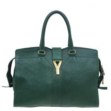 Pre Owned Saint Laurent Paris Green Leather Medium Cabas Chyc Satchel
