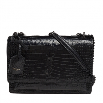 Pre Owned Saint Laurent Black Croc Embossed Leather Medium Sunset Shoulder Bag