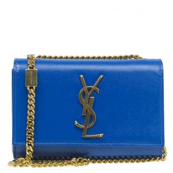 Pre Owned Saint Laurent Paris Blue Grain Patent Leather Small Crossbody Bag