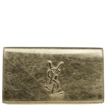 Pre Owned Saint Laurent Paris Gold Glazed Leather Belle De Jour Flap Clutch