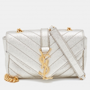 Pre Owned Saint Laurent Metallic Gold Chevron Quilted Leather Monogram Classic Baby Chain Crossbody Bag