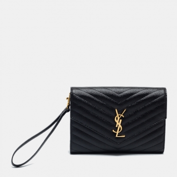 Pre Owned Saint Laurent Black Matelassé Leather Cassandre Wristlet Pouch