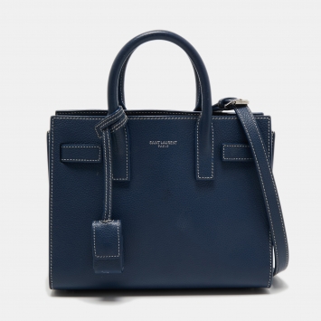 Pre Owned Saint Laurent Navy Blue Leather Nano Classic Sac De Jour Tote