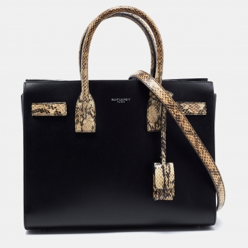Pre Owned Saint Laurent Black/Beige Leather and Snakeskin Baby Classic Sac De Jour Tote