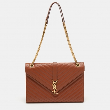 Pre Owned Saint Laurent Brown Matelassé Leather Large Monogram Envelope Shoulder Bag