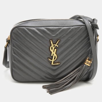 Pre Owned Saint Laurent Grey Matelassé Leather Medium Monogram Lou Camera Crossbody Bag