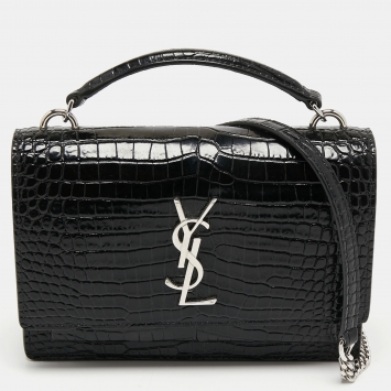 Pre Owned Saint Laurent Black Croc Embossed Leather Small Sunset Shoulder Bag
