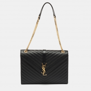 Pre Owned Saint Laurent Black Matelasse Leather Large Monogram Envelope Shoulder Bag