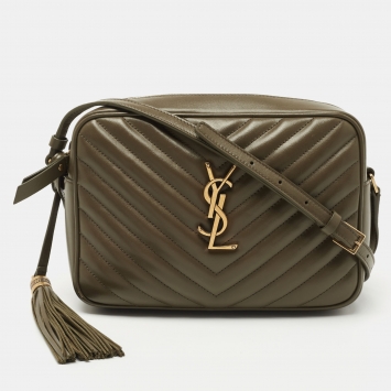Pre Owned Saint Laurent Olive Green Matelassé Leather Lou Camera Crossbody Bag