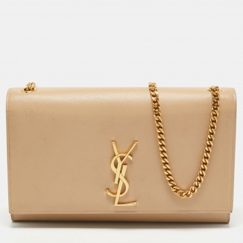 Pre Owned Saint Laurent Beige Leather Monogram Kate Chain Shoulder Bag