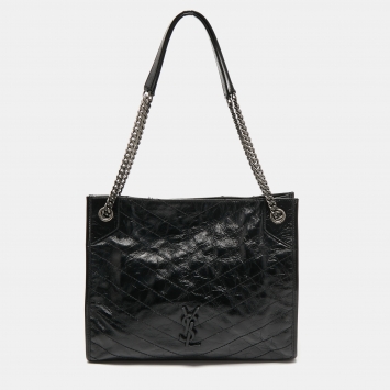 Pre Owned Saint Laurent Black Crinkled Matelasse Leather Medium Monogram Nikki Tote 