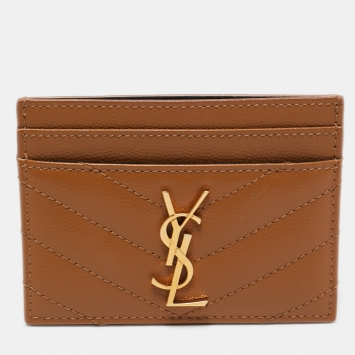 Pre Owned Saint Laurent Tan Matelassé Leather Monogram Card Holder 