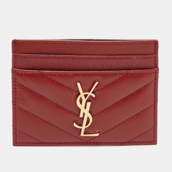 Pre Owned Saint Laurent Red Matelassé Leather Monogram Card Holder