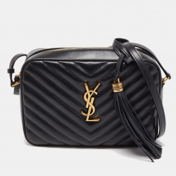 Pre Owned Saint Laurent Black Matelassé Leather Lou Camera Shoulder Bag