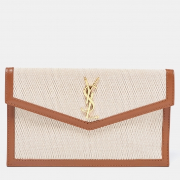Pre Owned Saint Laurent Beige/Tan Canvas and Leather Uptown Pouch