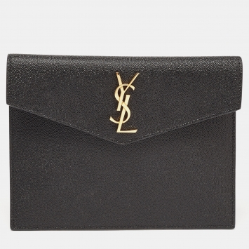 Pre Owned Saint Laurent Black Leather Small Monogram Uptown Zip Clutch