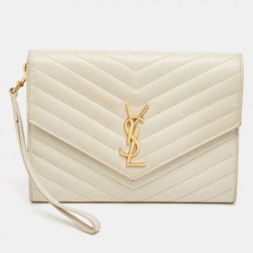 Pre Owned Saint Laurent Off White Matelasse Leather Cassandre Wristlet Clutch