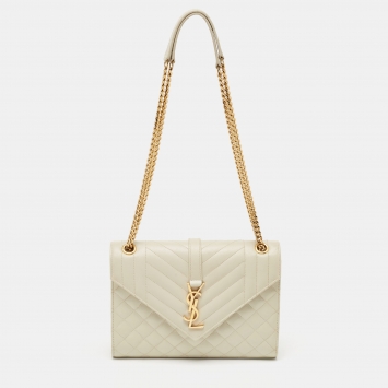 Pre Owned Saint Laurent White Tri Quilted Leather Monogram Envelope Shoulder Bag