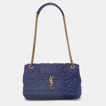 Pre Owned Saint Laurent Blue Raffia and Leather Jamie Shoulder Bag