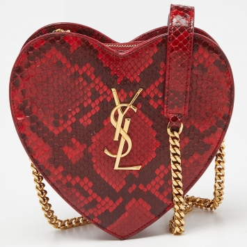 Pre Owned Saint Laurent Red Python Love Heart Crossbody Bag