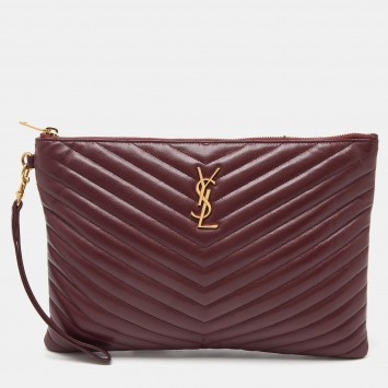 Pre Owned Saint Laurent Burgundy Matelassé Leather Monogram Wristlet Pouch