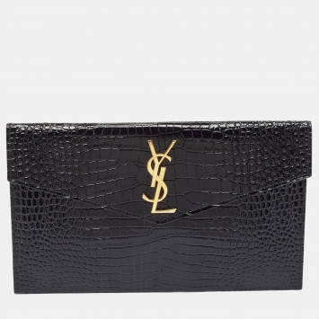 Pre Owned Saint Laurent Black Croc Embossed Leather Uptown Pouch