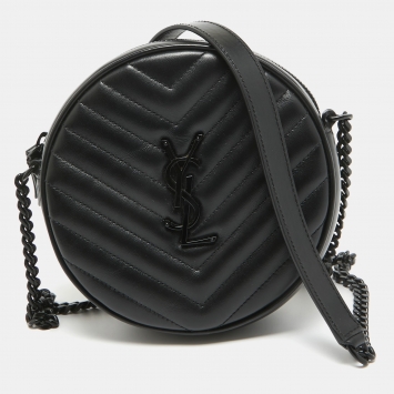 Pre Owned Saint Laurent Black Matelassé Leather Monogram Round Crossbody Bag