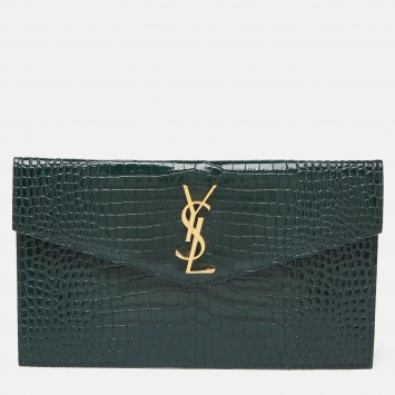 Pre Owned Saint Laurent Green Croc Embossed Leather Uptown Pouch