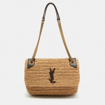 Pre Owned Saint Laurent Beige/Brown Raffia and Leather Medium Niki Shoulder Bag
