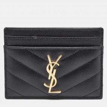 Pre Owned Saint Laurent Black Matelassé Leather Monogram Card Holder  