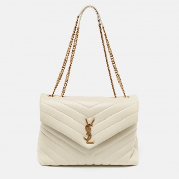 Pre Owned Saint Laurent White Matelassé Leather Medium LouLou Shoulder Bag