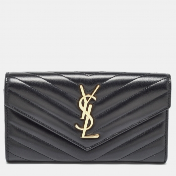Pre Owned Saint Laurent Black Chevron Leather Envelope Wallet