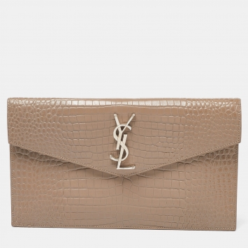 Pre Owned Saint Laurent Beige Croc Embossed Leather Uptown Pouch