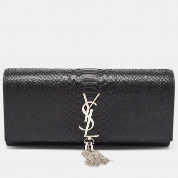 Pre Owned Saint Laurent Black Python Embossed Leather Monogram Tassel Clutch