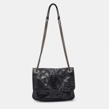 Pre Owned Saint Laurent Black Crinkled Leather Baby Niki Chain Shoulder Bag