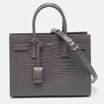 Pre Owned Saint Laurent Grey Croc Embossed Leather Baby Classic Sac De Jour Tote