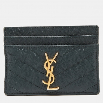 Pre Owned Saint Laurent Green Matelassé Leather Monogram Card Holder