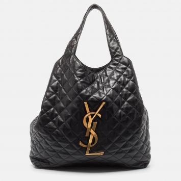 Pre Owned Saint Laurent Black Quilted Leather Maxi Icare Shopper Tote