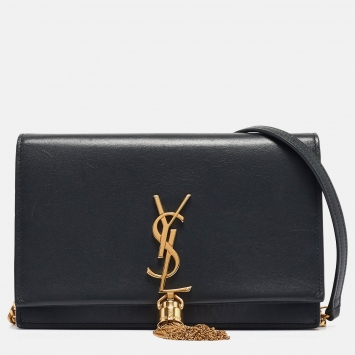 Pre Owned Saint Laurent Matte Black Leather Kate Tassel Wallet On Chain