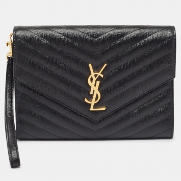 Pre Owned Saint Laurent Black Matelasse Leather Cassandre Wristlet Pouch