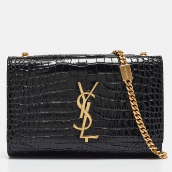 Pre Owned Saint Laurent Black Croc Embossed Leather Kate Chain Clutch