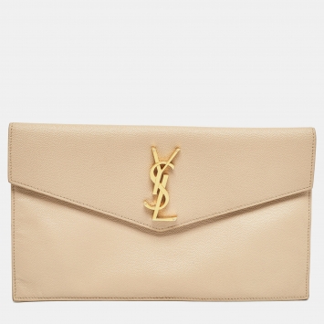Pre Owned Saint Laurent Beige Leather Uptown Clutch