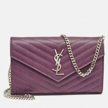 مملوكة مسبقًا Saint Laurent Purple Matelassé Leather Monogram Envelope Wallet on Chain