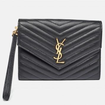 Pre Owned Saint Laurent Black Matelassé Leather Cassandre Wristlet Pouch