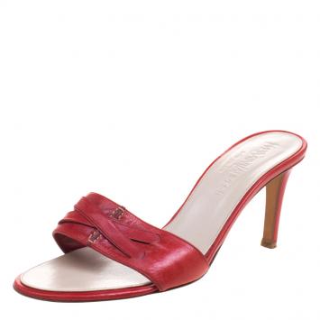 Pre Owned Saint Laurent Paris Red Leather Slides Size 38
